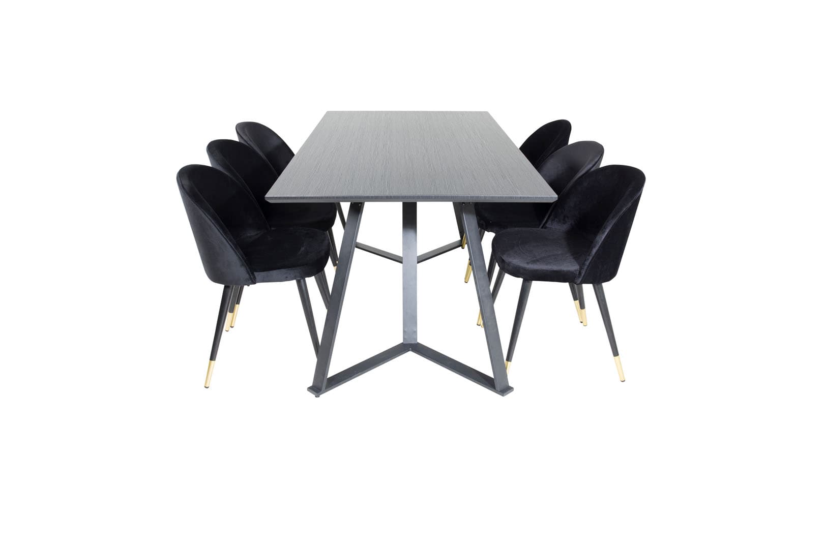 MarinaBLBL Essgruppe Esstisch schwarz und 6 Velvet Esszimmerstühle Velour schwarz, Messing dekor.