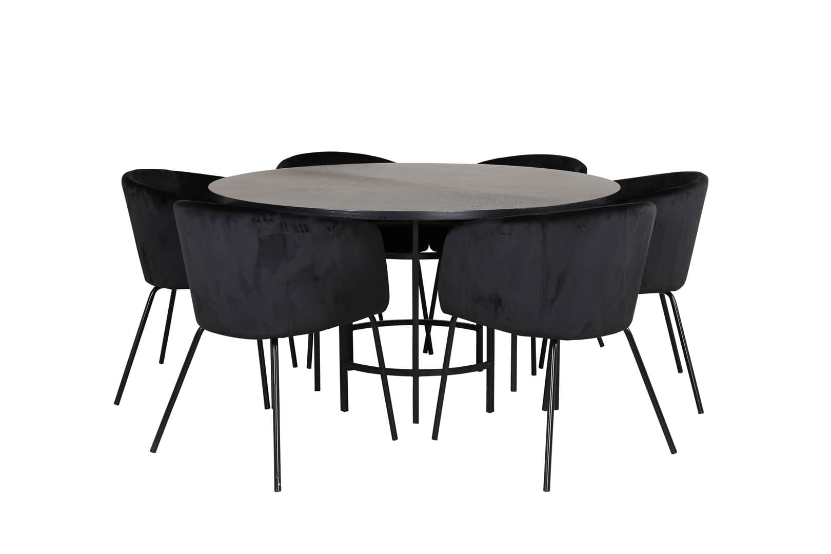 Copenhagen Essgruppe Esstisch braun und 6 Berit Esszimmerstühle Velour schwarz.