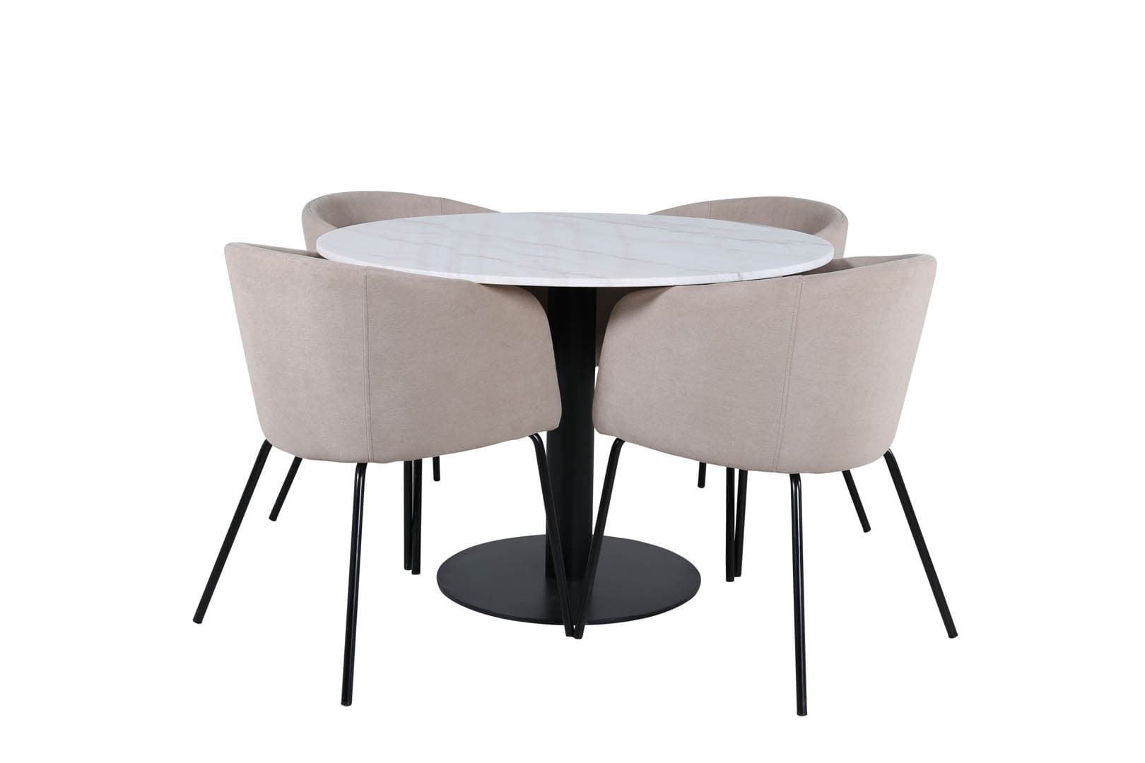 EstelleØ106WHBL Essgruppe Esstisch weiß, Marmor und 4 Berit Esszimmerstühle beige.