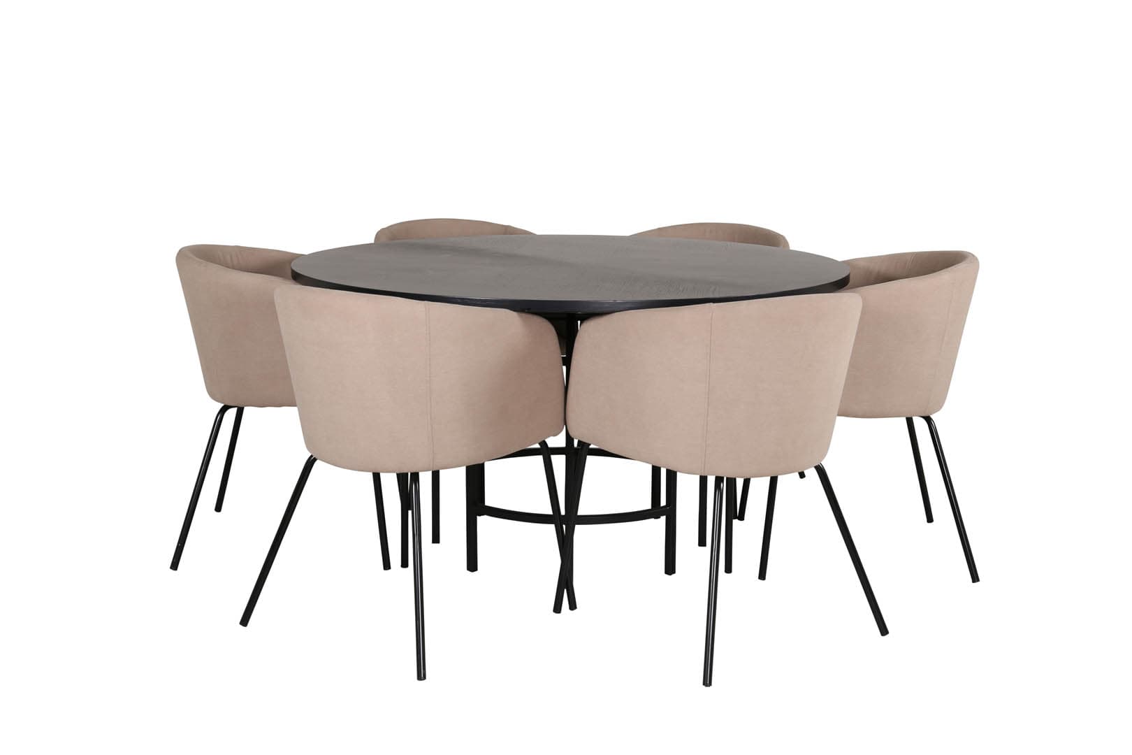 Copenhagen Essgruppe Esstisch braun und 6 Berit Esszimmerstühle beige.