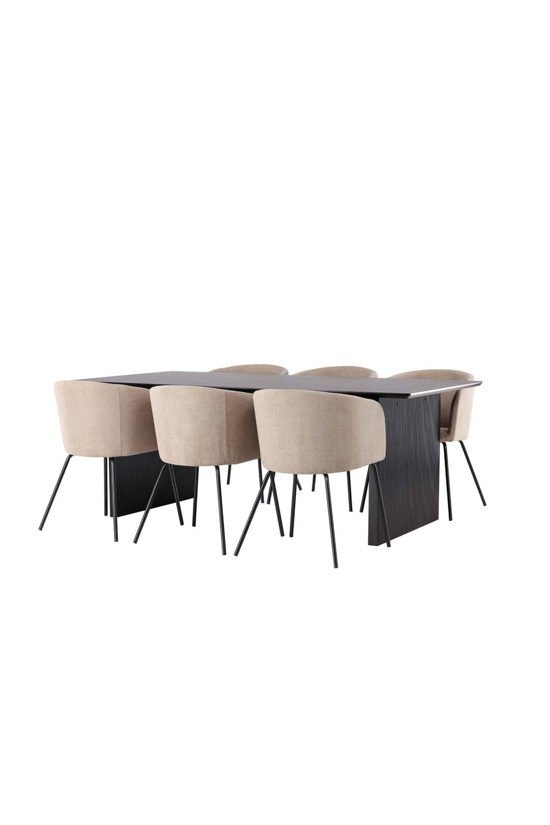 Vail Essgruppe Tisch schwarz und 6 berit Stühle beige.
