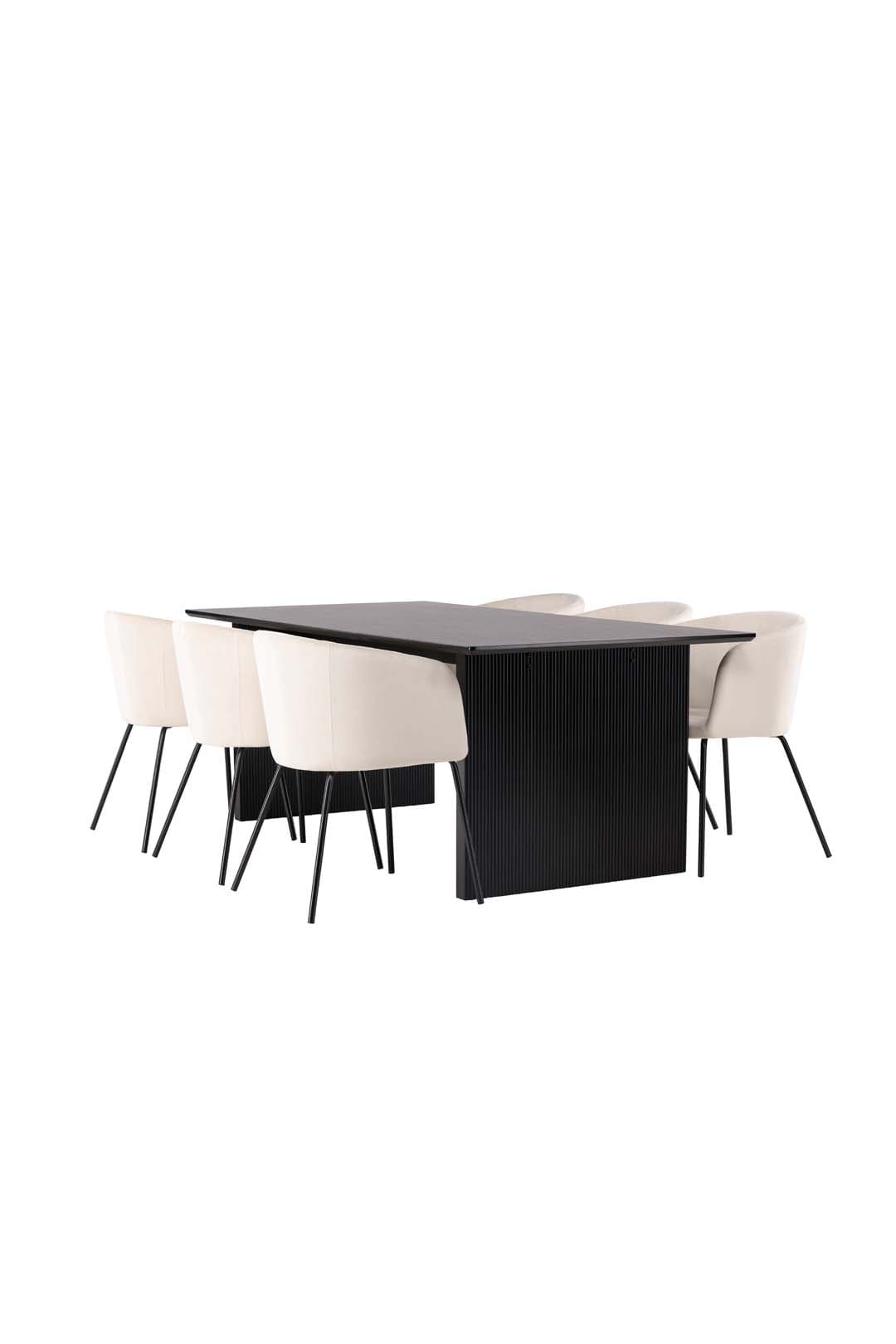 Vail Essgruppe Tisch schwarz und 6 berit Stühle beige.