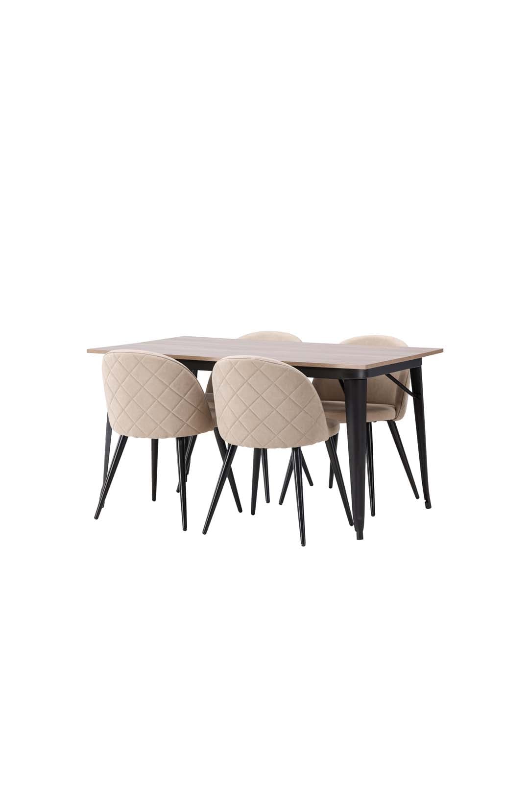 Tempe Essgruppe Tisch Nussbaum dekor und 4 Velvet Stühle beige.