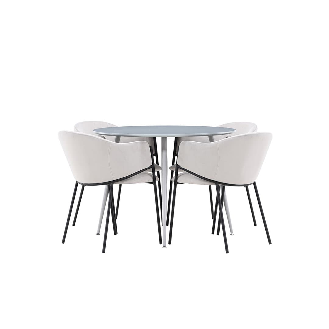 Plaza Essgruppe Tisch Ø100cm und 4 Velours Stühle mit Armlehnen grau.