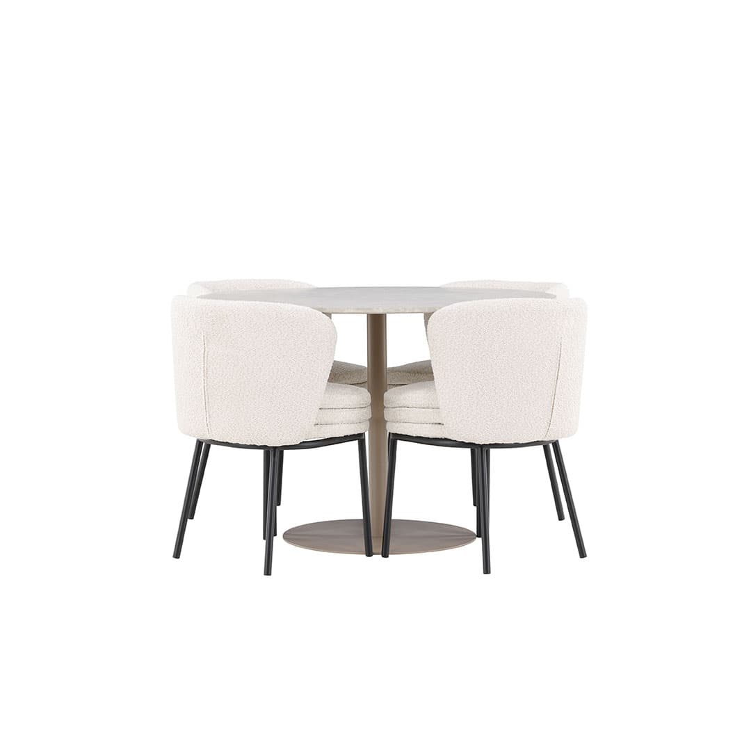 Lycke Essgruppe Tisch Ø110cm und 4 Boucle Stühle beige.