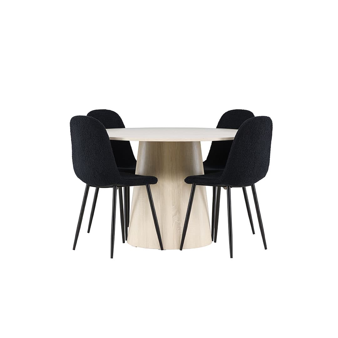 Lanzo Essgruppe Tisch Ø120cm und 4 Teddy Stühle whitewash.