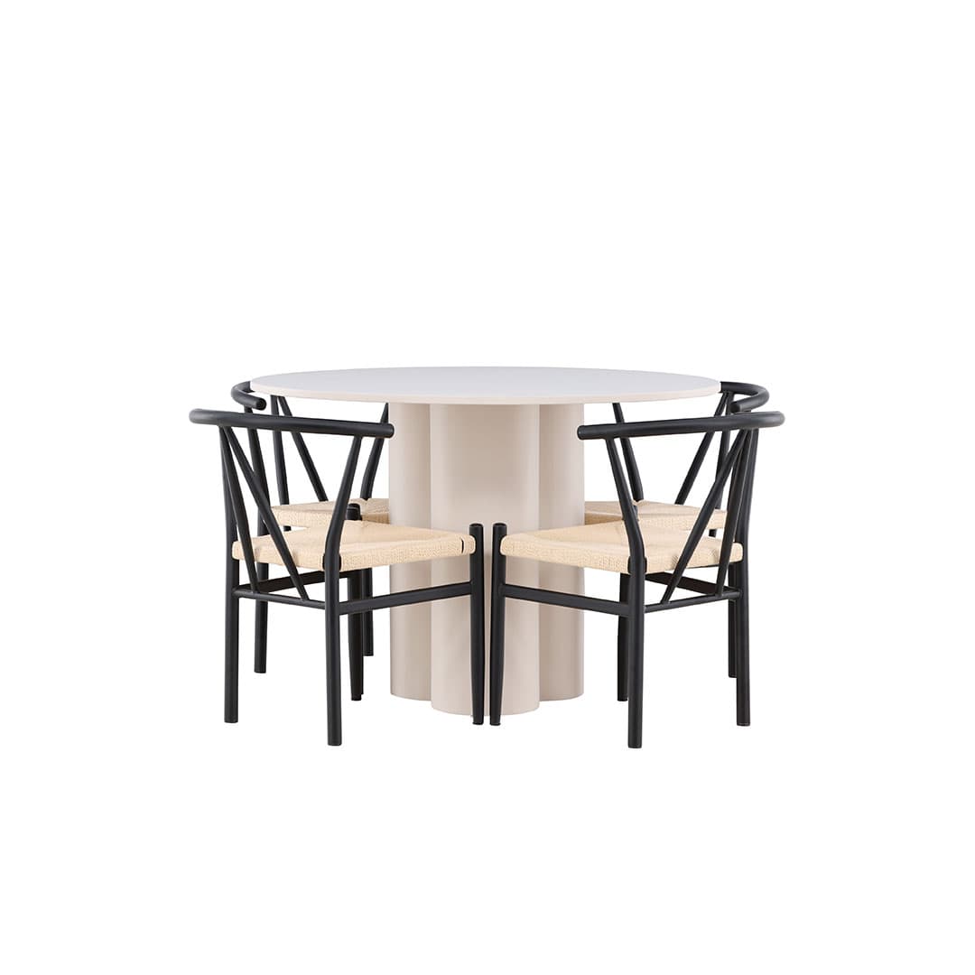 Olivia Essgruppe Tisch Ø110cm und 4 Stühle mit Armlehnen stapelbar beige.