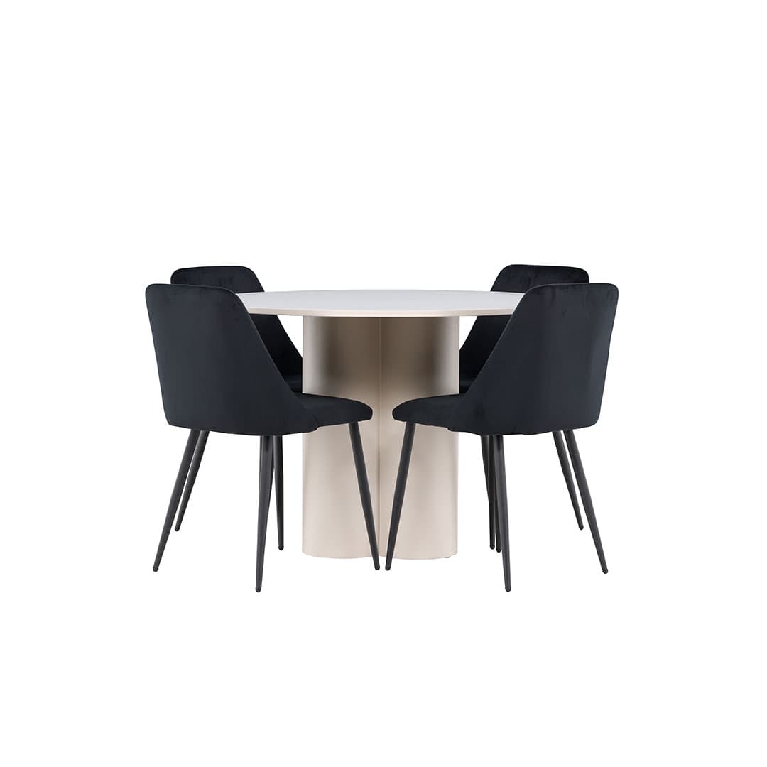 Olivia Essgruppe Tisch Ø110cm und 4 Velours Stühle beige.
