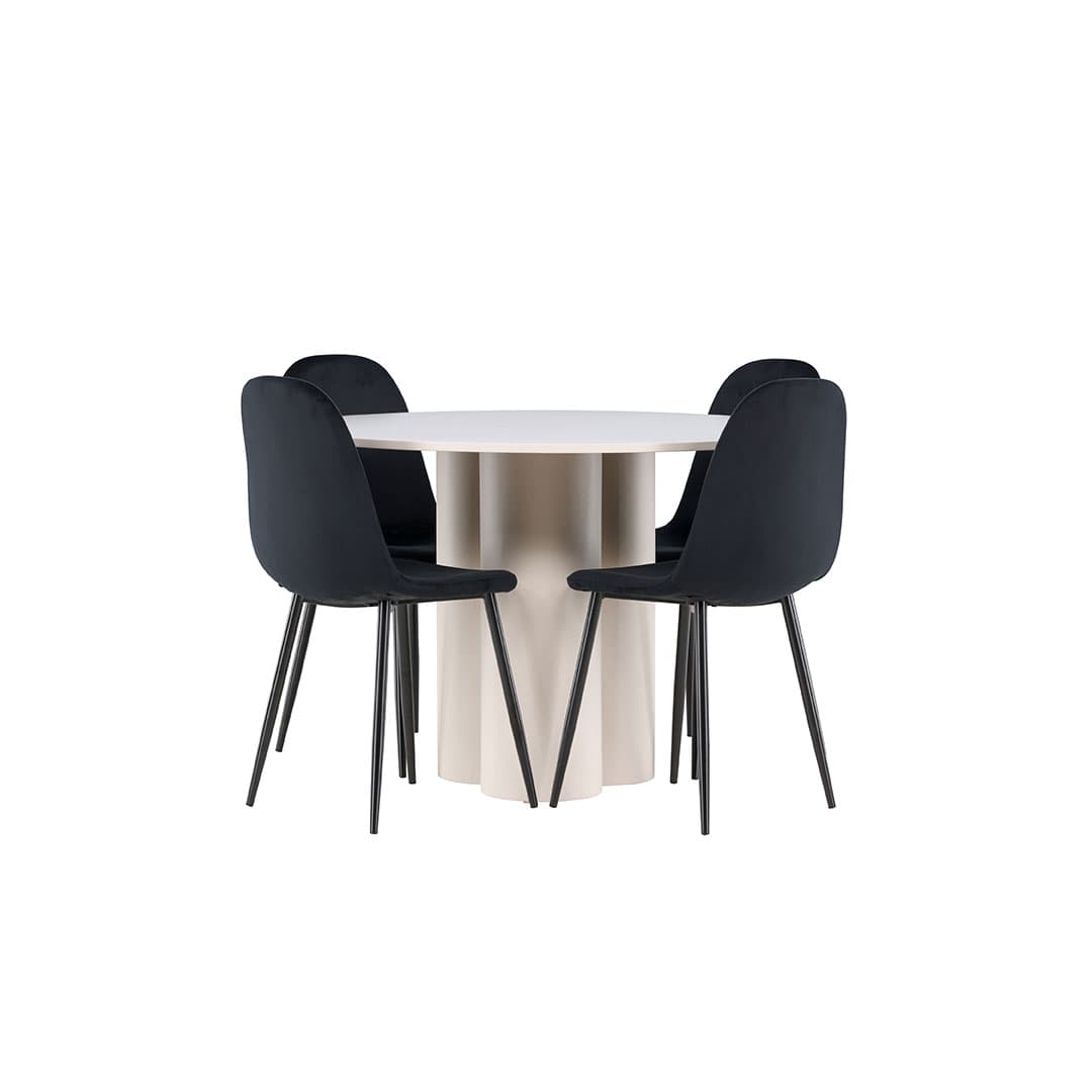 Olivia Essgruppe Tisch Ø110cm und 4 Velours Stühle beige.