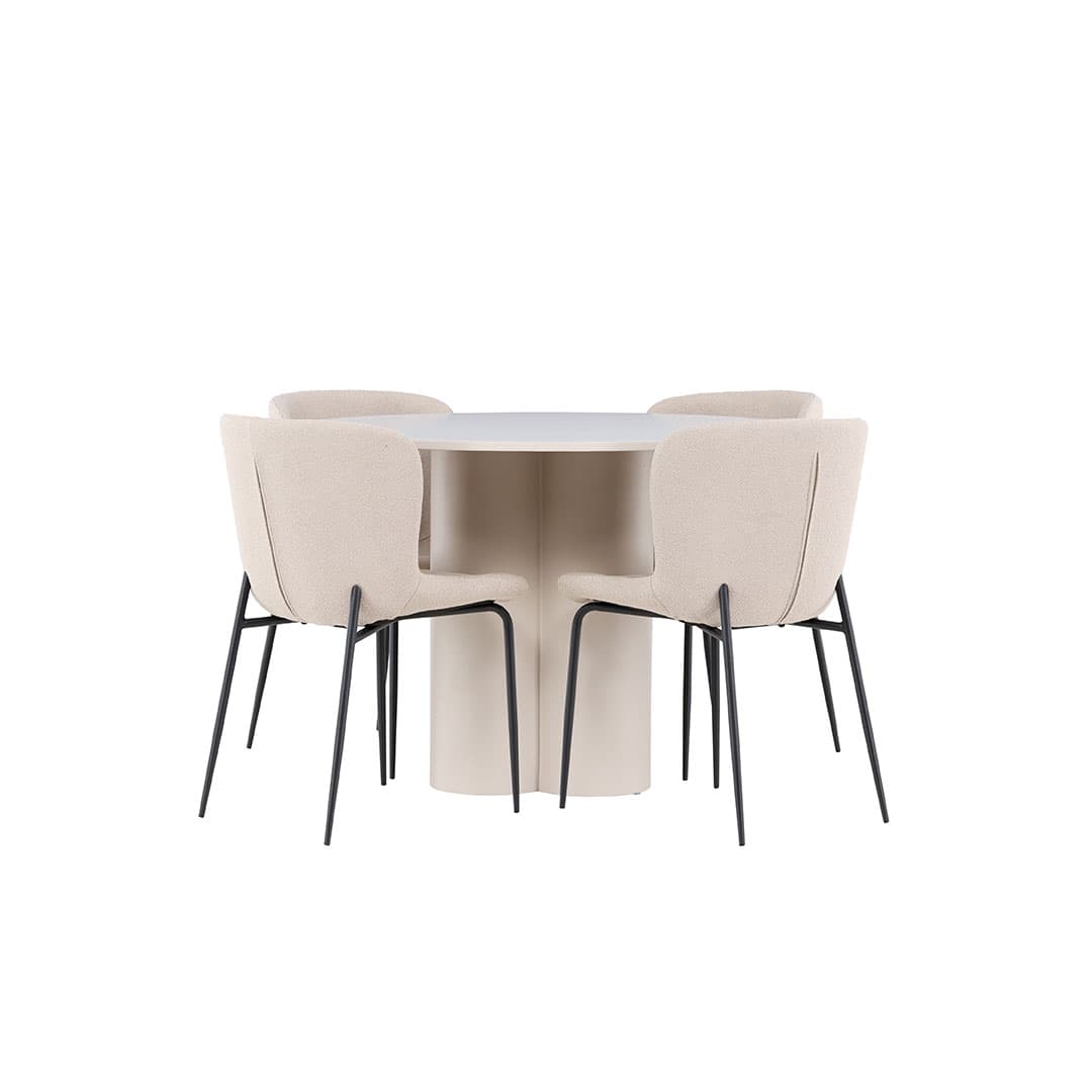 Olivia Essgruppe Tisch Ø110cm und 4 Boucle Stühle beige.