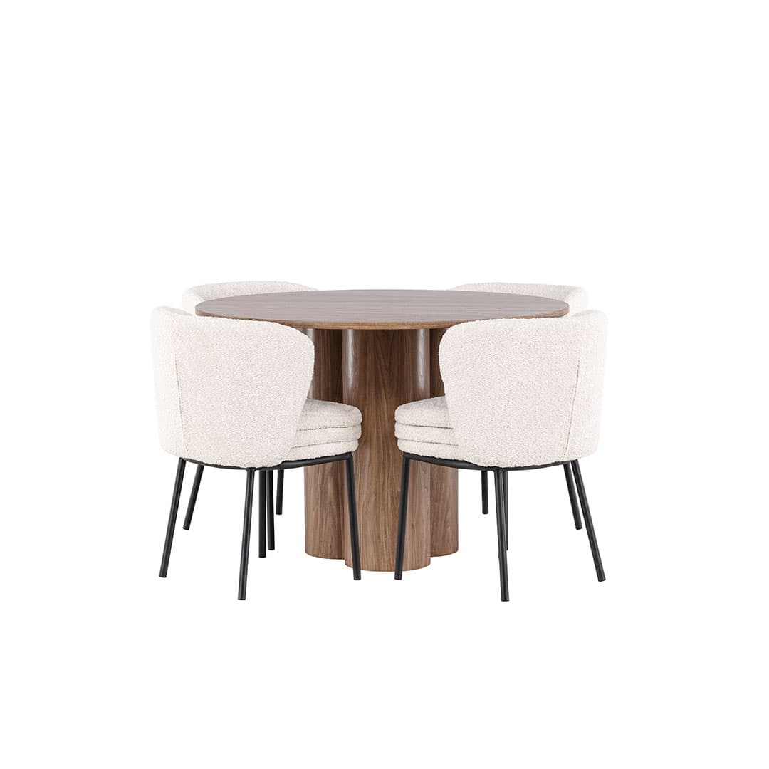 Olivia Essgruppe Tisch Ø110cm und 4 Boucle Stühle braun.