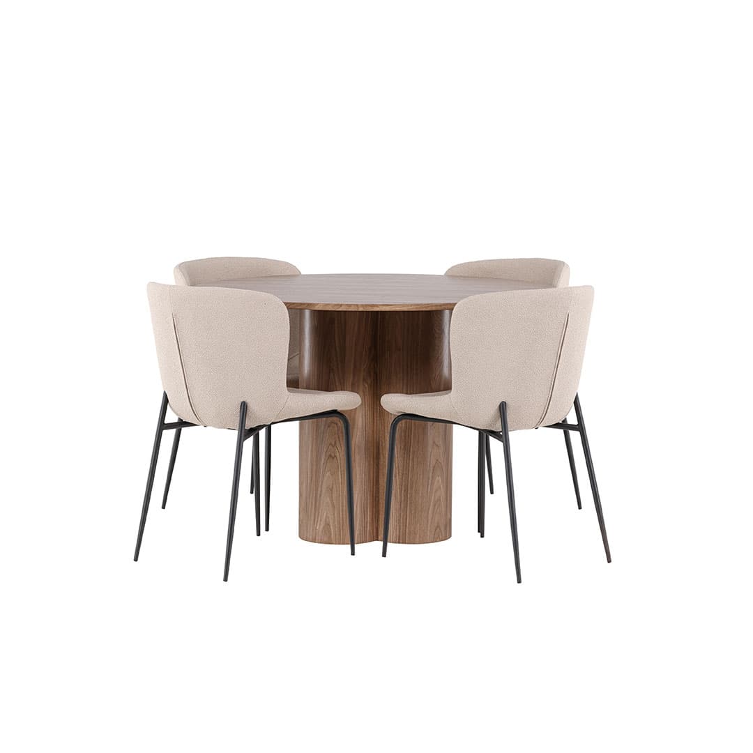 Olivia Essgruppe Tisch Ø110cm und 4 Boucle Stühle braun.