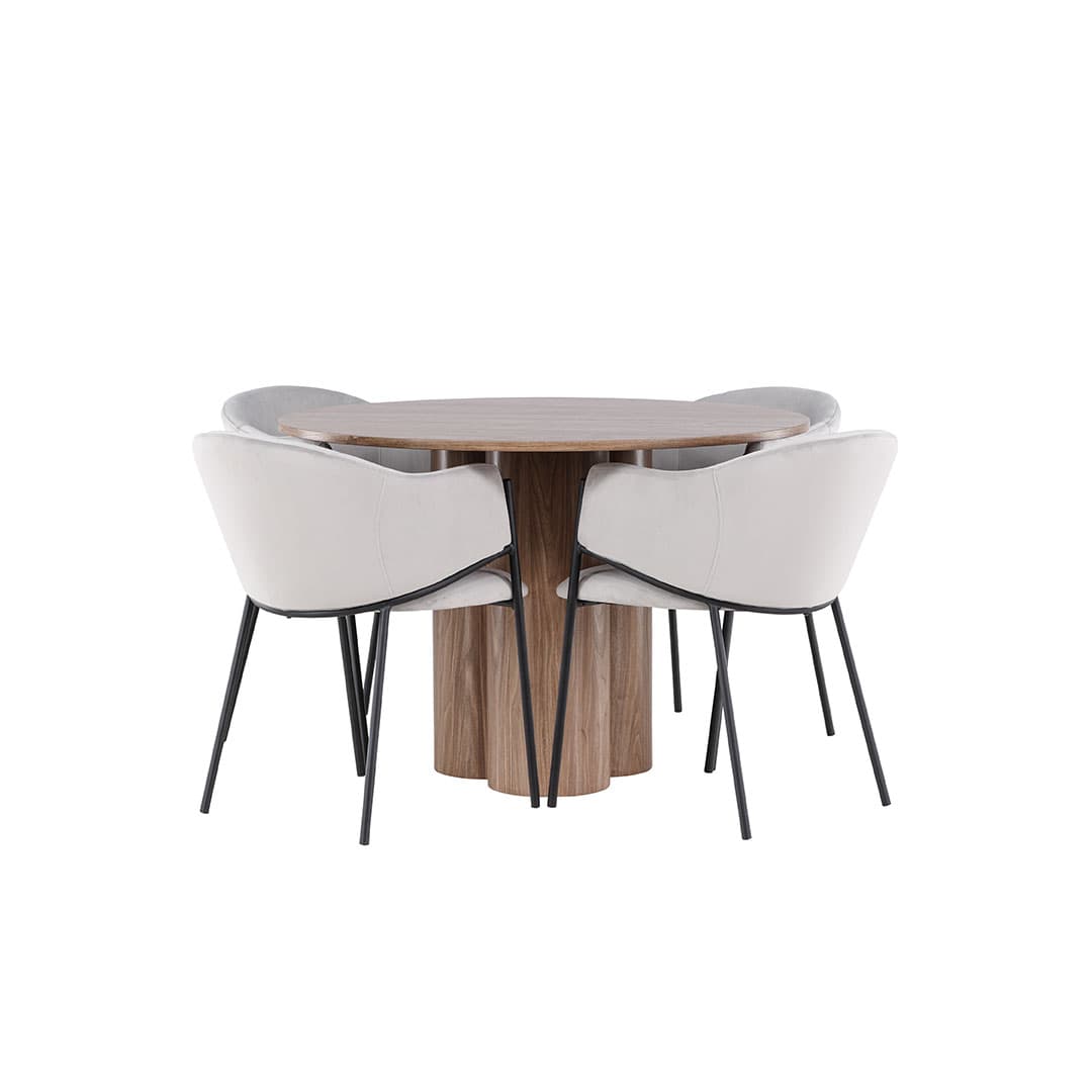 Olivia Essgruppe Tisch Ø110cm und 4 Velours Stühle mit Armlehnen braun.