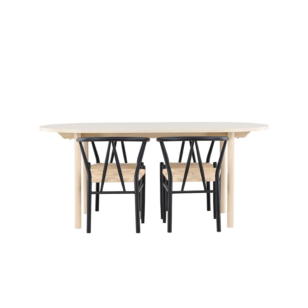 Andy Essgruppe Tisch 90x180cm und 4 Stühle mit Armlehnen stapelbar whitewash.