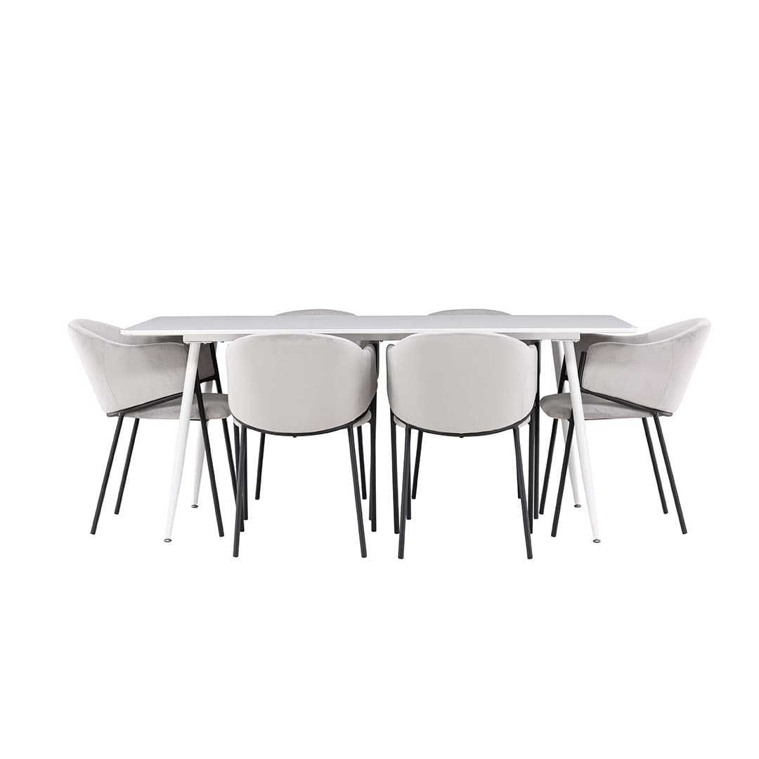 Silar Essgruppe Tisch 90x180cm und 6 Velours Stühle mit Armlehnen weiß.