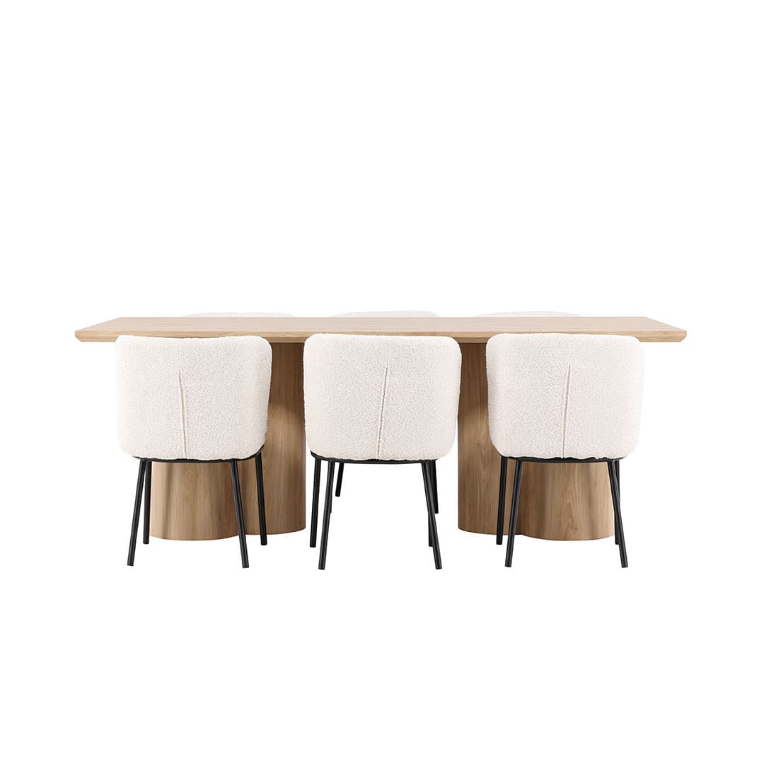 Olivia Essgruppe Tisch 100x210cm und 6 Boucle Stühle natur.