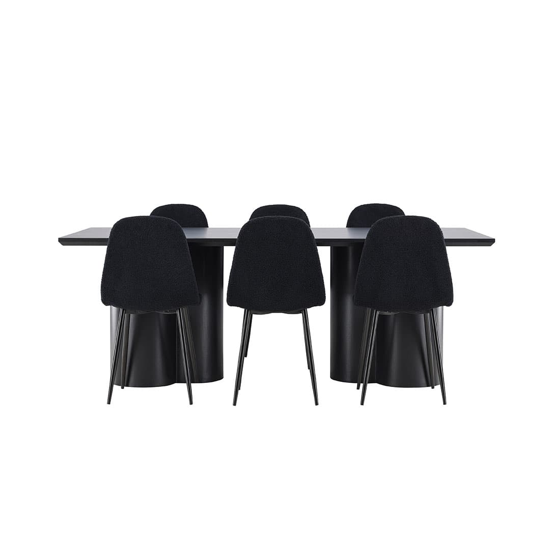 Olivia Essgruppe Tisch 100x210cm und 6 Teddy Stühle schwarz.