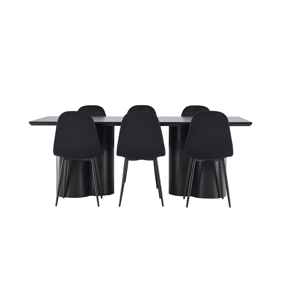 Olivia Essgruppe Tisch 100x210cm und 6 Velours Stühle schwarz.