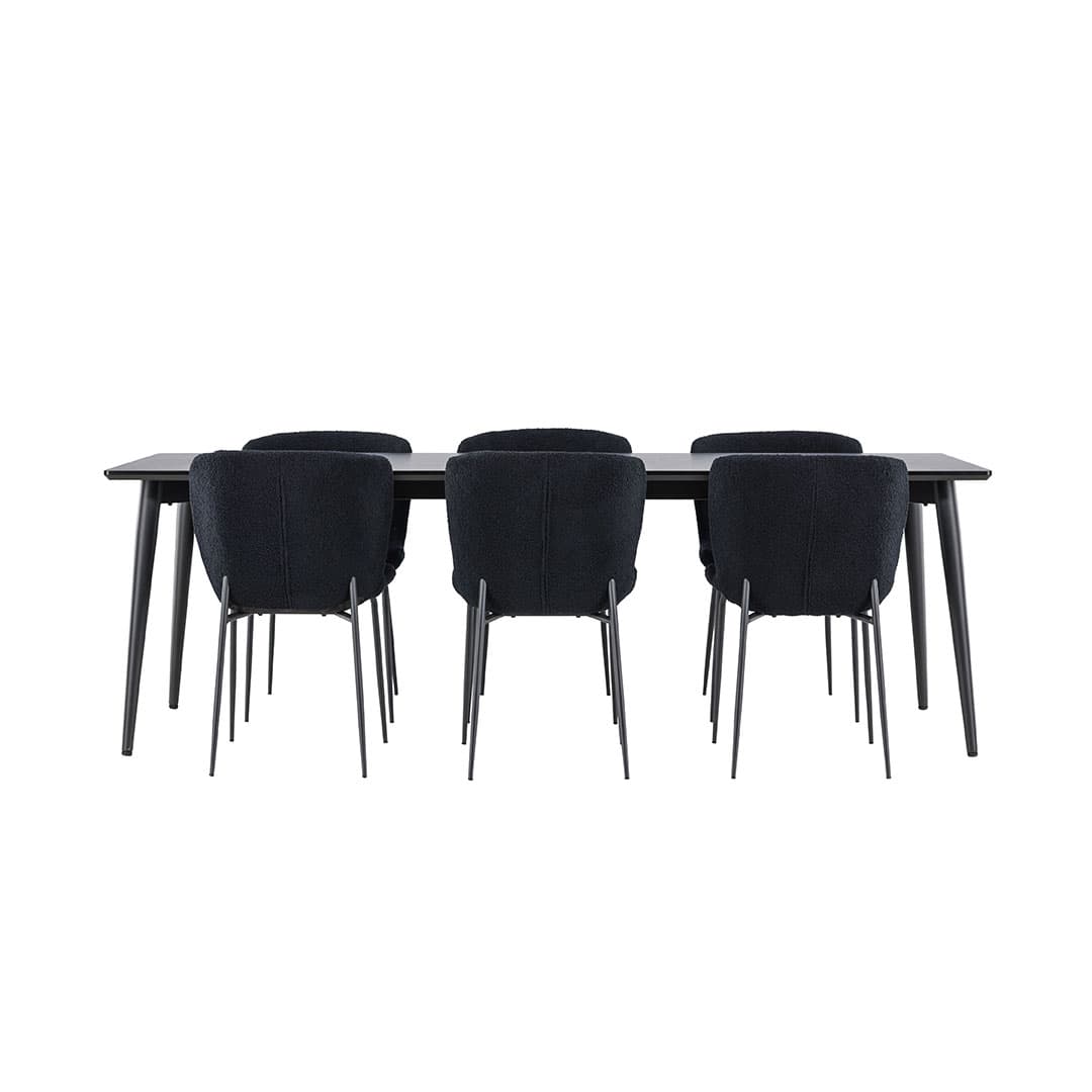 Ellis Essgruppe Tisch 85x230cm und 6 Teddy Stühle schwarz.