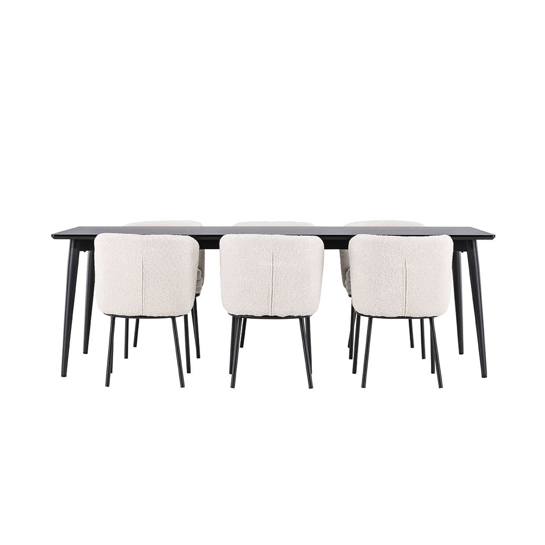 Ellis Essgruppe Tisch 85x230cm und 6 Boucle Stühle schwarz.