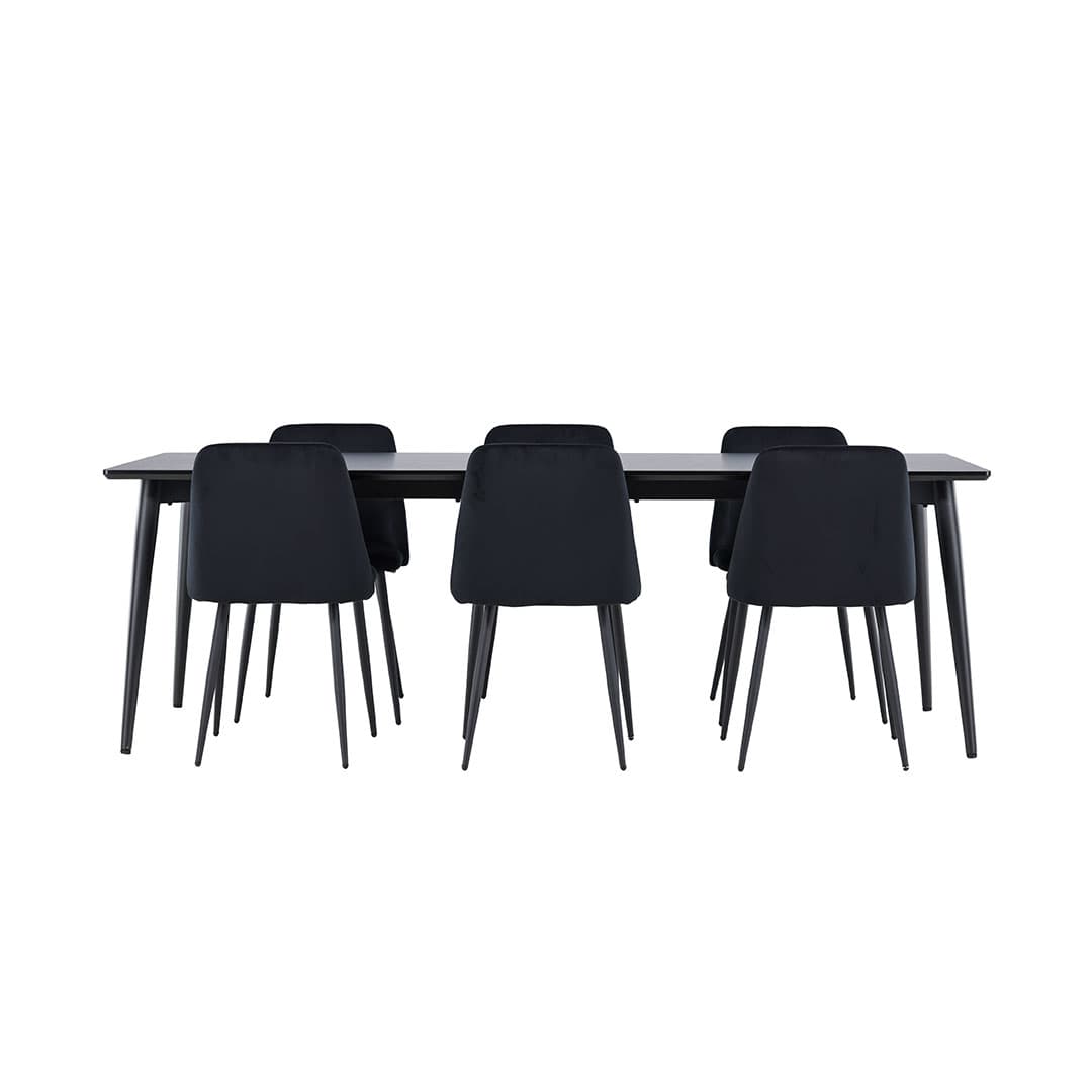 Ellis Essgruppe Tisch 85x230cm und 6 Velours Stühle schwarz.