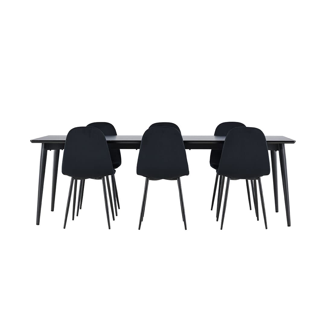 Ellis Essgruppe Tisch 85x230cm und 6 Velours Stühle schwarz.