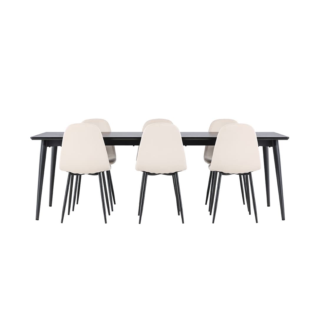 Ellis Essgruppe Tisch 85x230cm und 6 Velours Stühle schwarz.