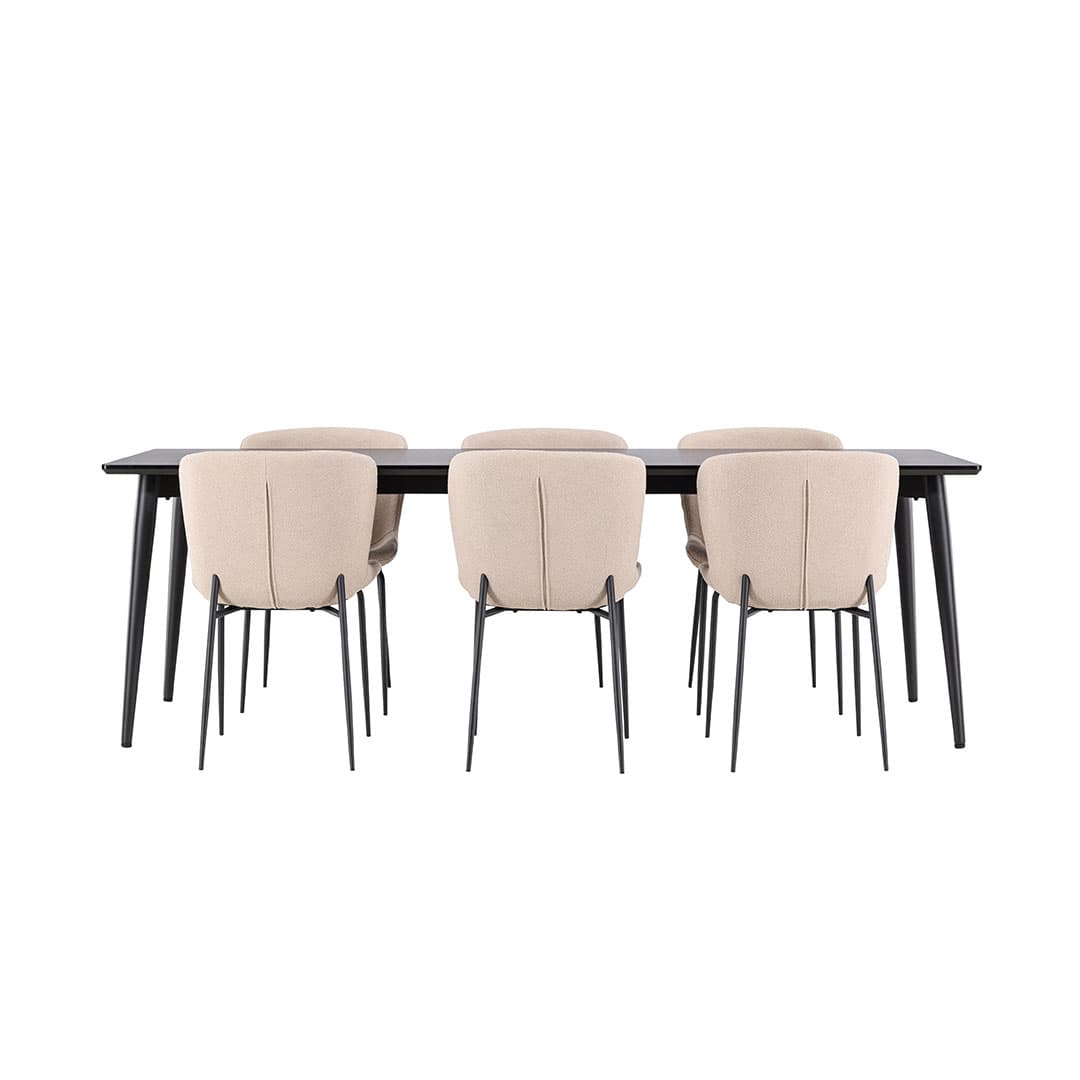 Ellis Essgruppe Tisch 85x230cm und 6 Boucle Stühle schwarz.