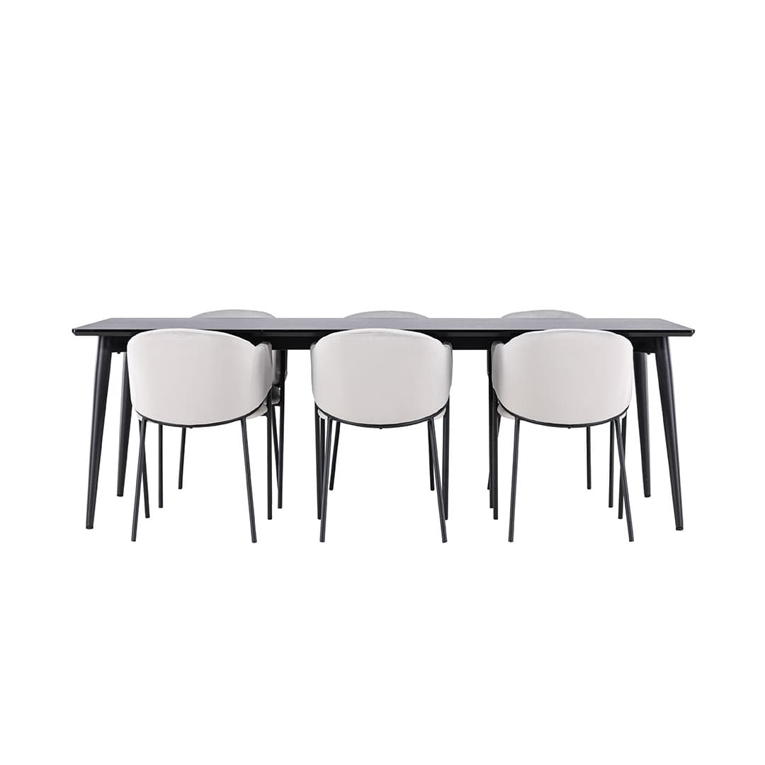 Ellis Essgruppe Tisch 85x230cm und 6 Velours Stühle mit Armlehnen schwarz.