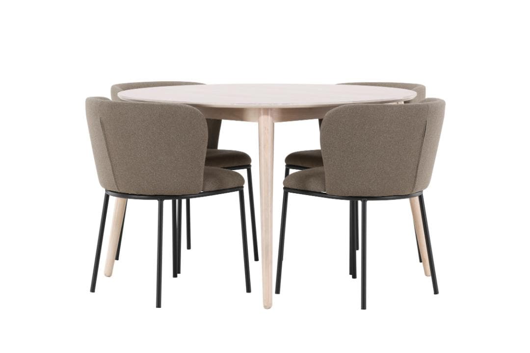 Flora Essgruppe Tisch Ø120cm und 4 Stühle whitewash, braun.