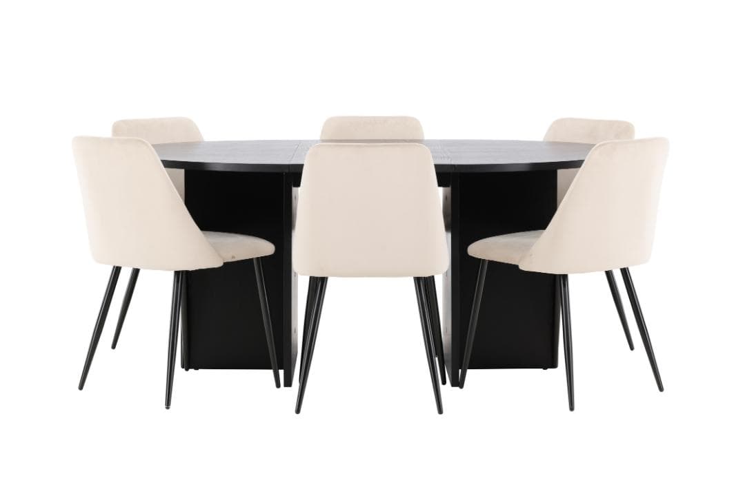 Strada Essgruppe Ausziehtisch Ø120cm, 170cm und 6 Stühle schwarz, beige.