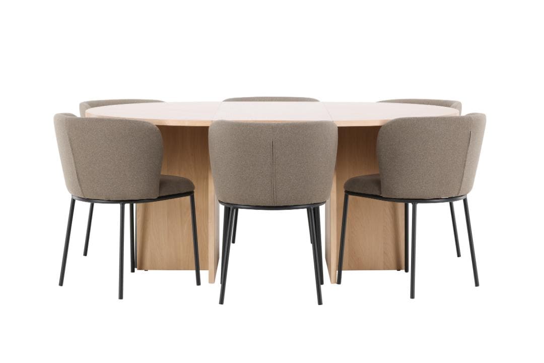Strada Essgruppe Ausziehtisch Ø120cm, 170cm und 6 Stühle whitewash, braun.
