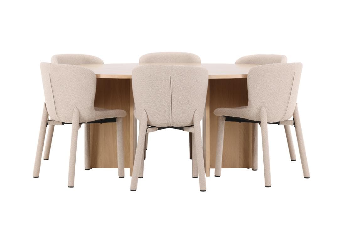 Strada Essgruppe Ausziehtisch Ø120cm, 170cm und 6 Stühle whitewash, beige.