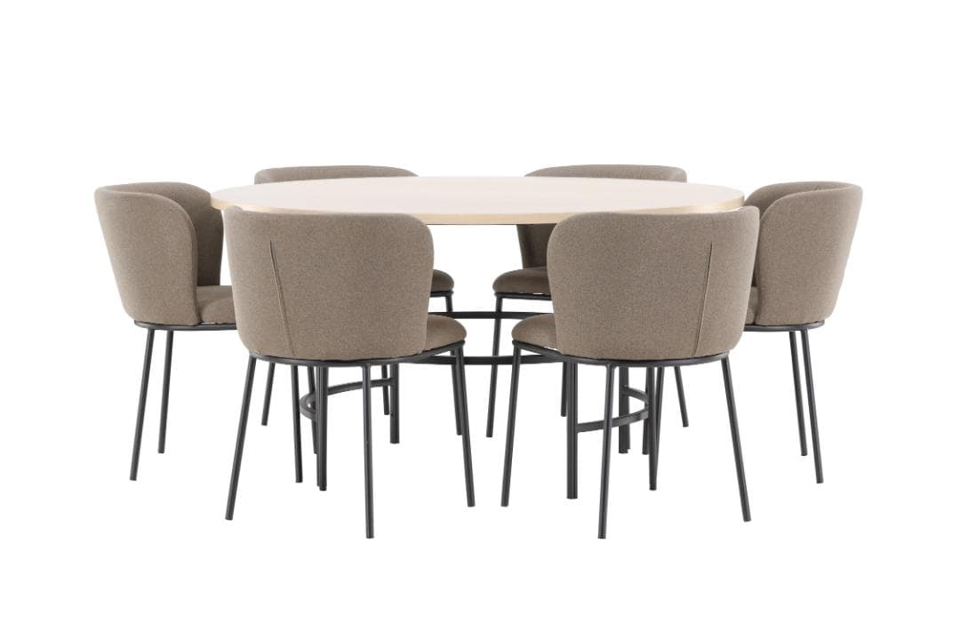 Copenhagen Essgruppe Tisch Ø140cm und 6 Stühle whitewash, braun.