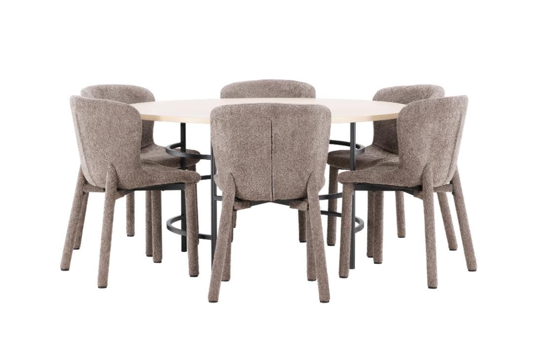 Copenhagen Essgruppe Tisch Ø140cm und 6 Stühle whitewash, braun.