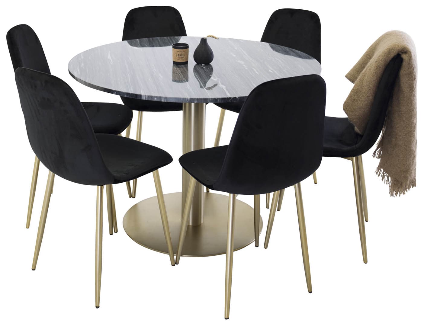 EstelleØ106BLBR Essgruppe Esstisch schwarz, Marmor und 6 Polar Esszimmerstühle Velour schwarz, Messing dekor.
