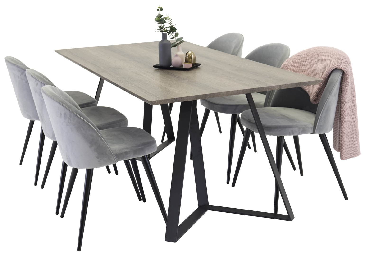 MarinaGRBL Essgruppe Esstisch El Holz dekor grau und 6 Velvet Esszimmerstühle Velour hellgrau.