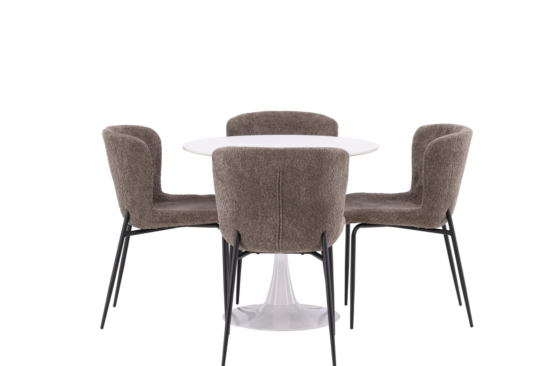 Hamden Essgruppe Esstisch weiß 4 Stühle Bouclé braun.