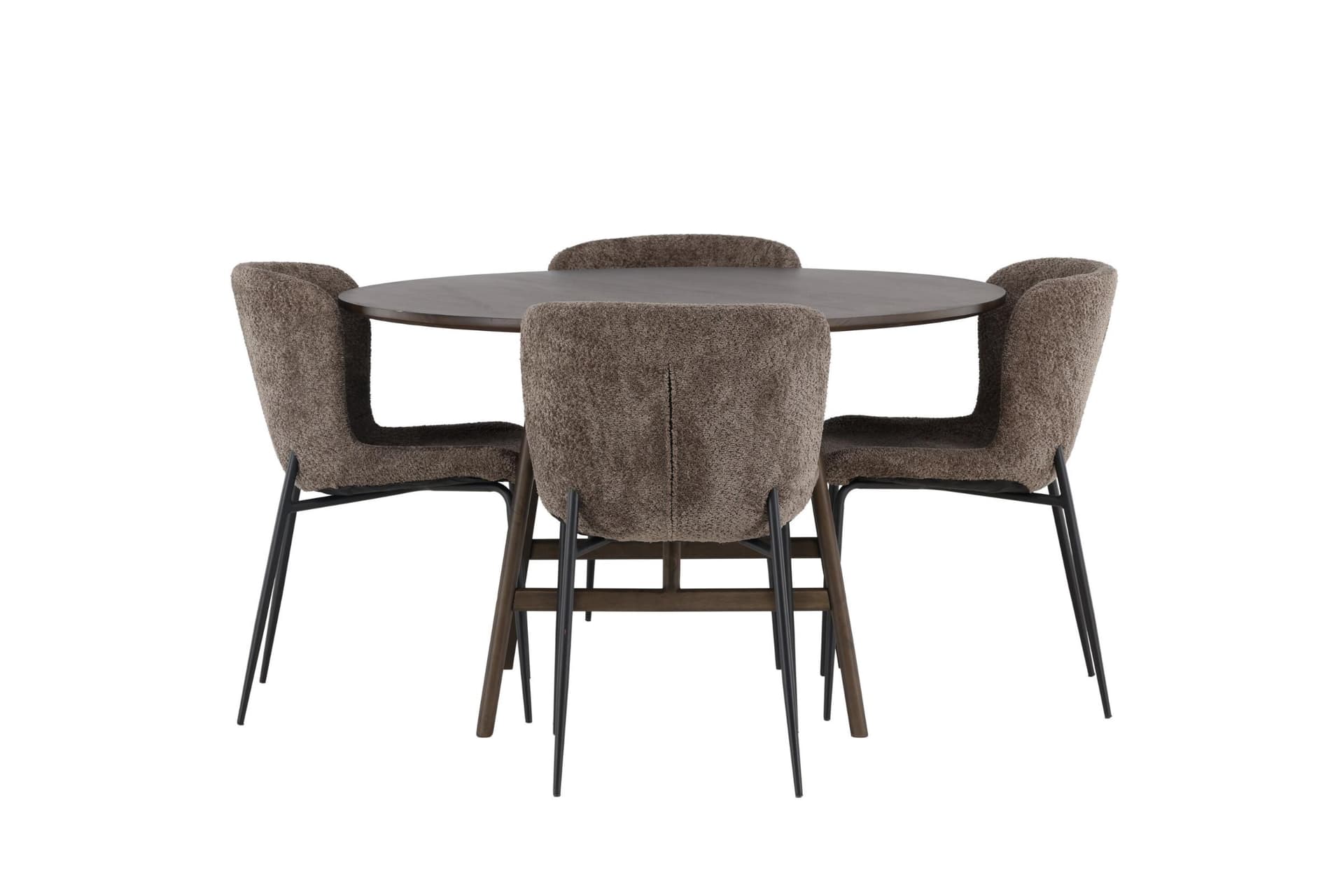 Kaseidon Essgruppe Esstisch dunkelbraun 4 Stühle Bouclé braun.