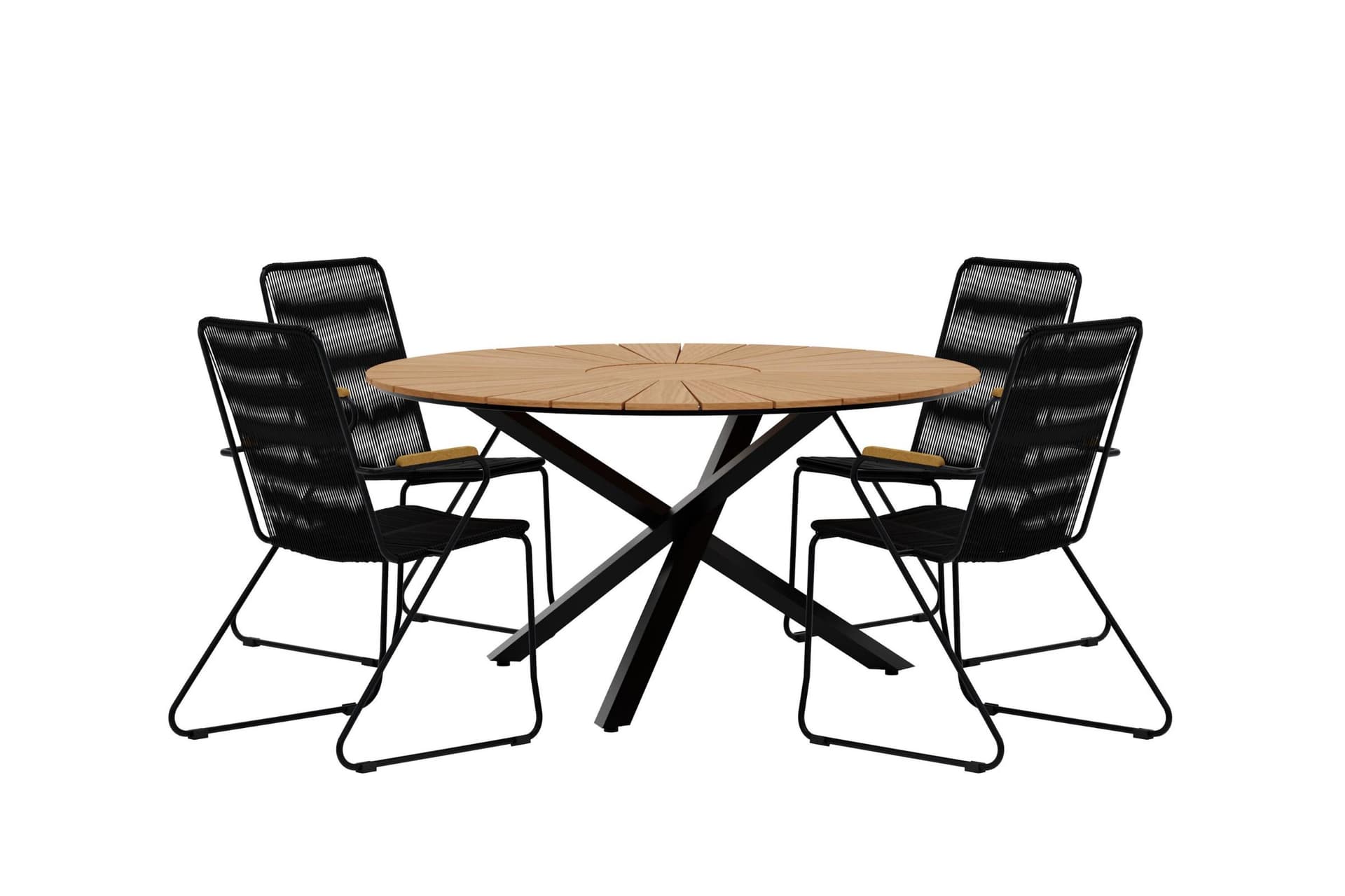 Mexico Gartenset Tisch Ø140 cm Natur 4 Stühle schwarz.