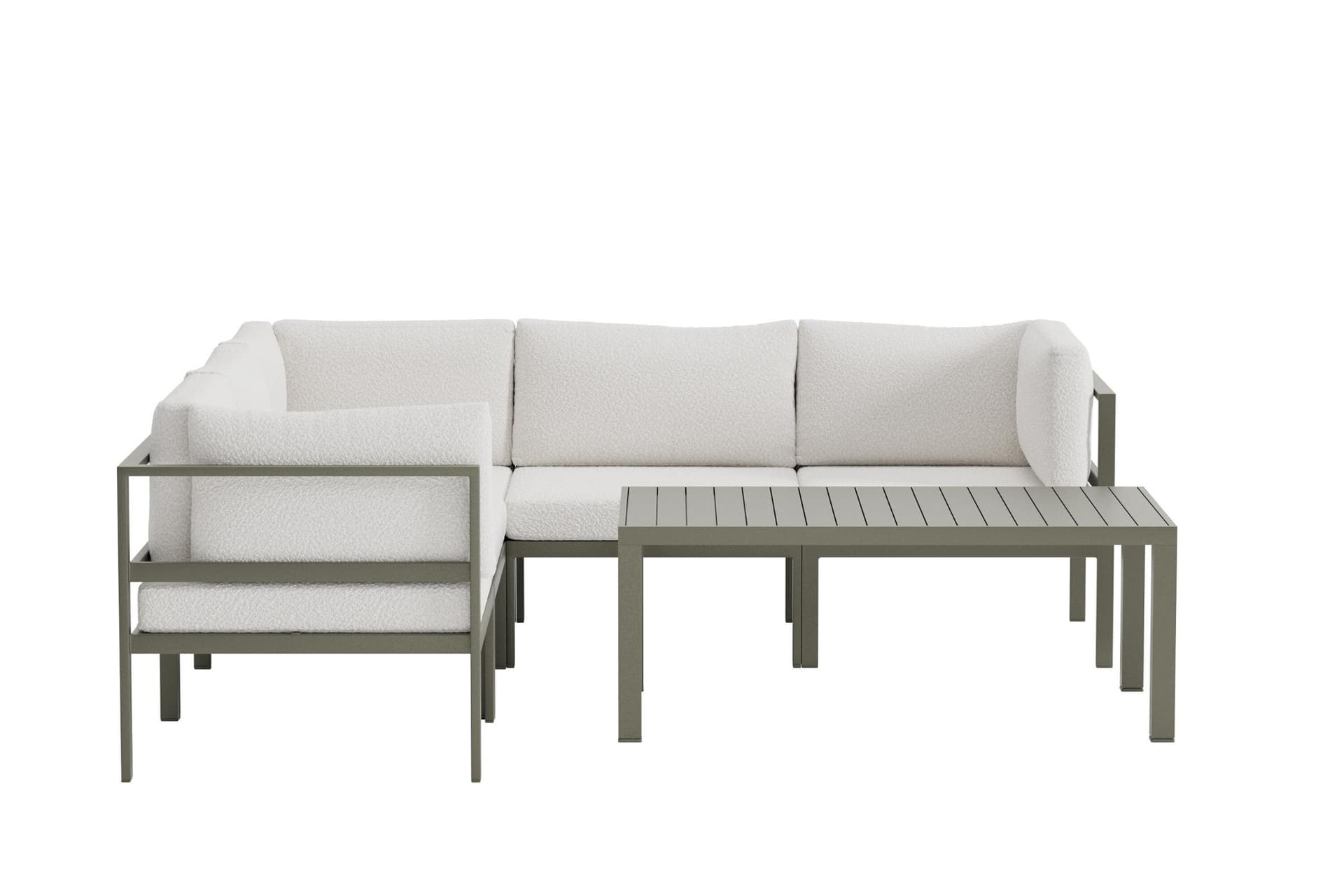 Copacabana Garten Lounge Ecksofa 3+2-Sitzer und Couchtisch braun.