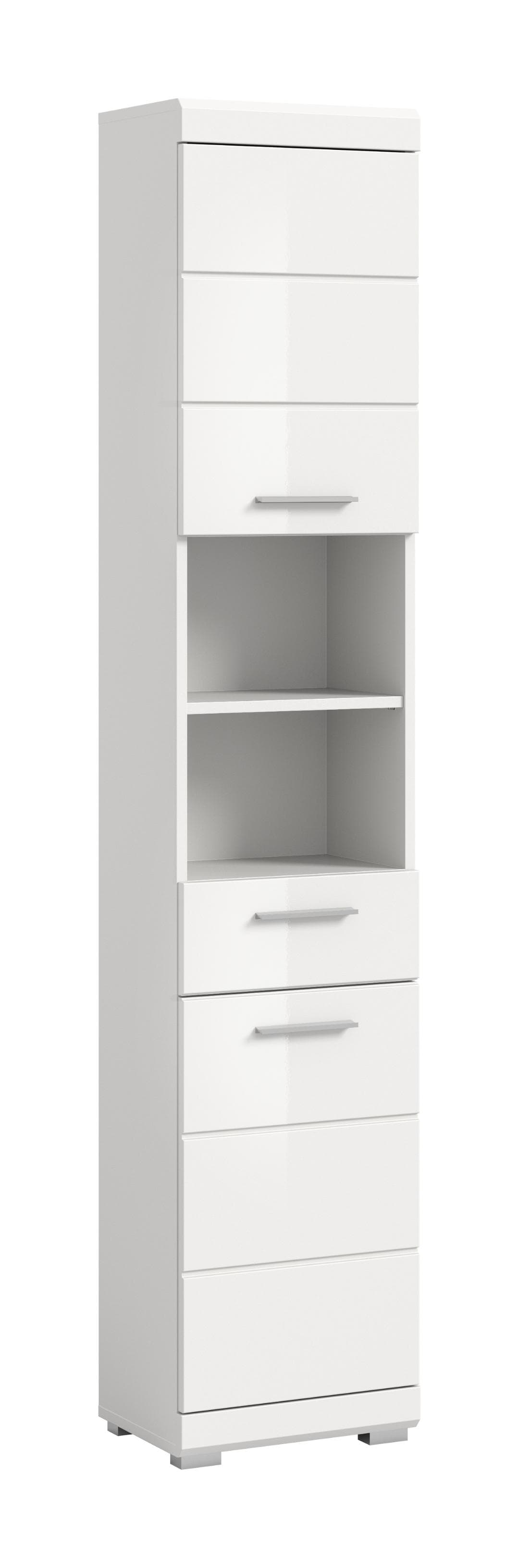 Scout Hochschrank Bad 2 Türen, 1 Schublade, 2 Regale Weiß hochglanz, weiß.
