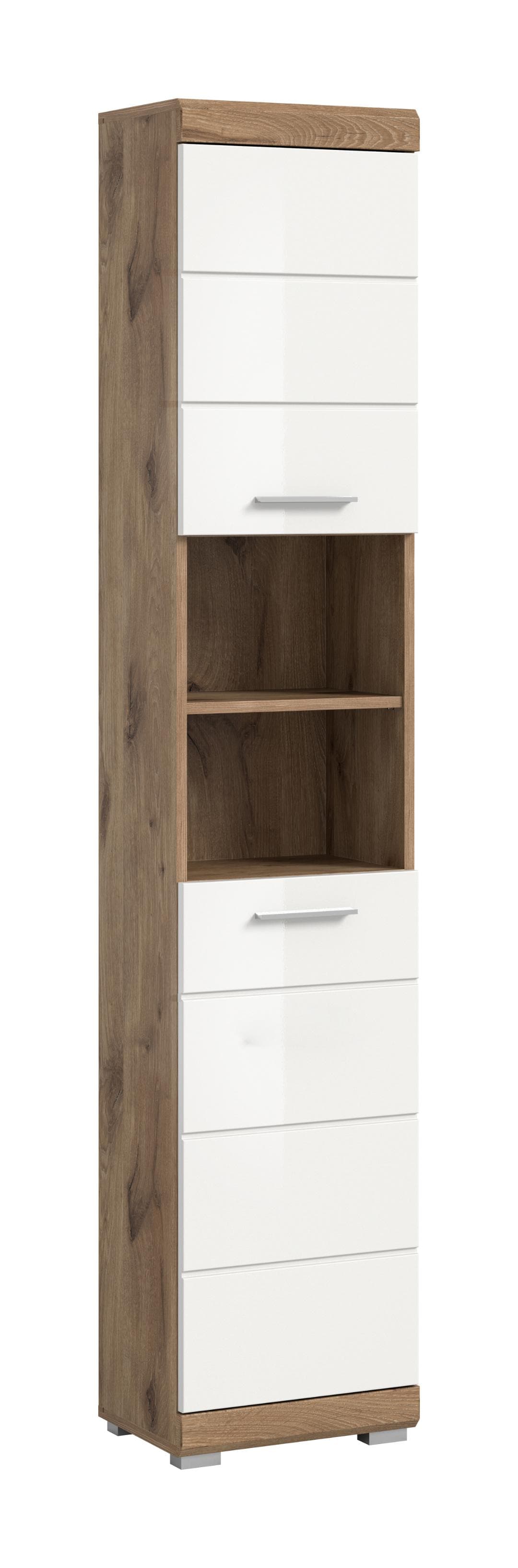 Wave Hochschrank Bad 2 Türen, 2 Regale Weiß hochglanz, Eiche Dekor.