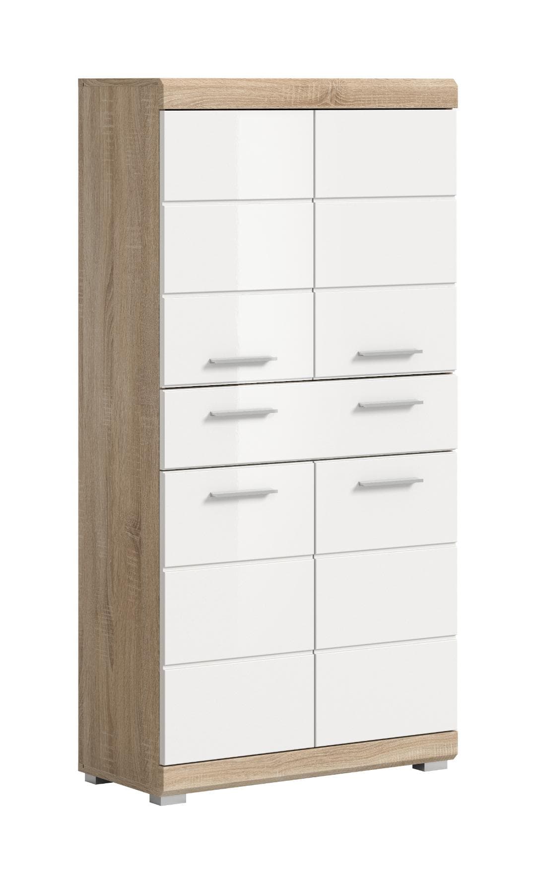 Lambada Hochschrank Bad 4 Türen, 1 Schublade Weiß hochglanz, Eiche Dekor.