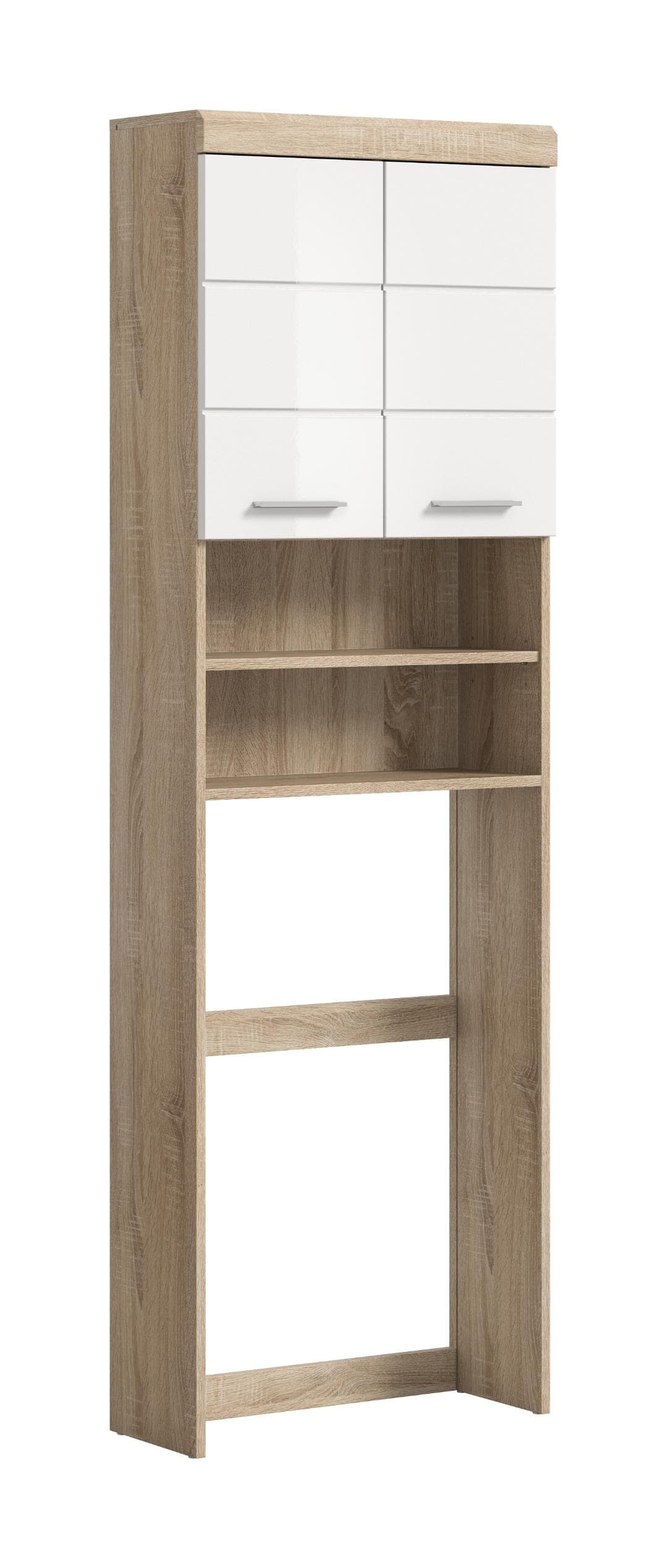Lambada Waschmaschinenschrank 2 Türen, 2 Schubladen, 3 Regale Weiß hochglanz, Eiche Dekor.