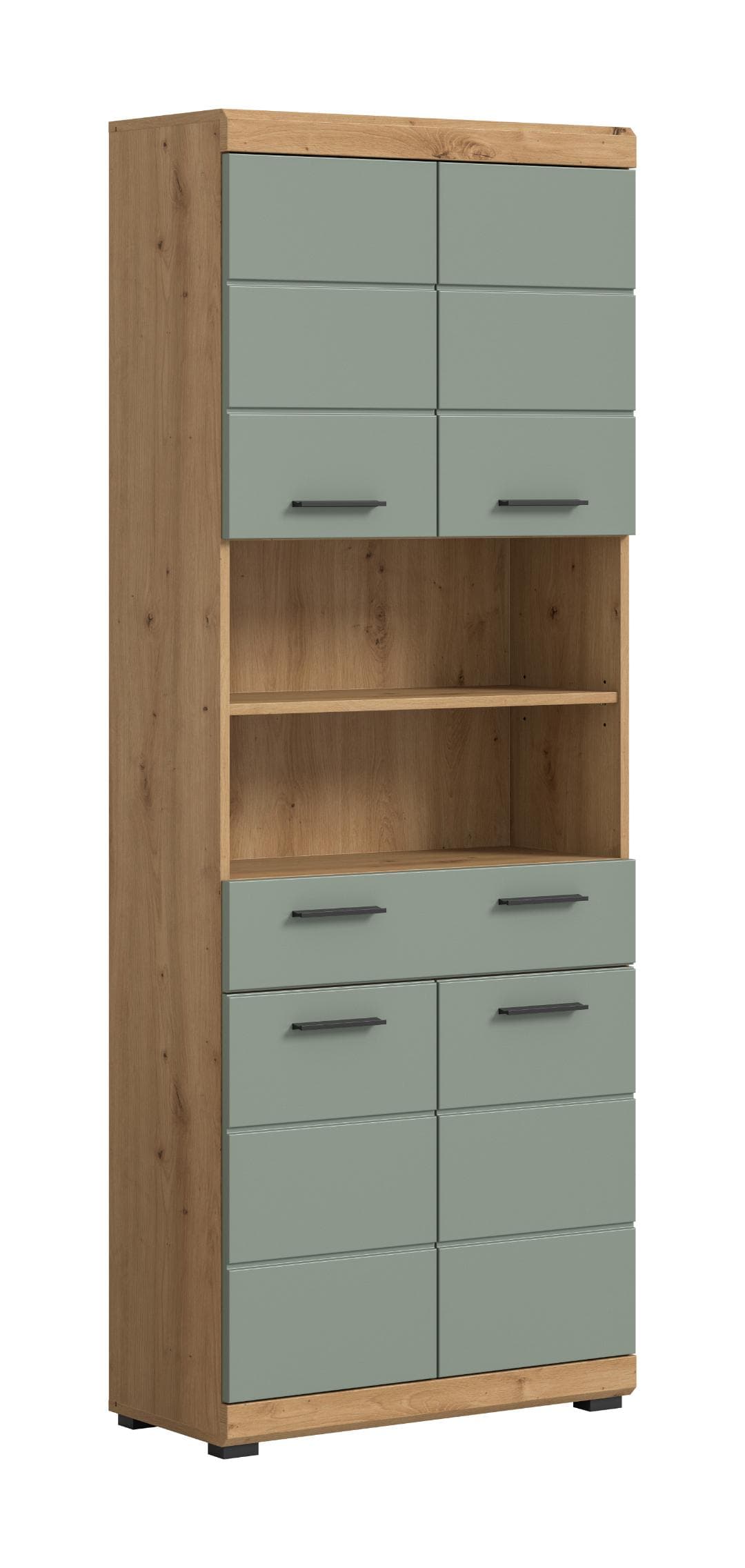 Scout Hochschrank Bad 4 Türen, 1 Schublade, 2 Regale Salbeidekor, Eiche Dekor.