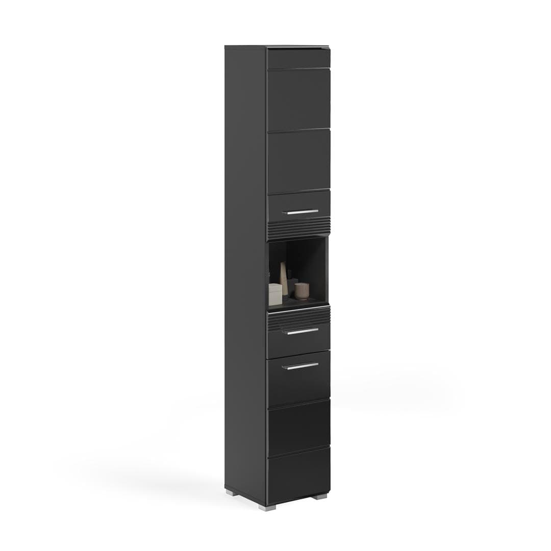 Linus Hochschrank Bad 2 Türen, 1 Schublade, 1 Ablage Hochglanz schwarz,schwarz.
