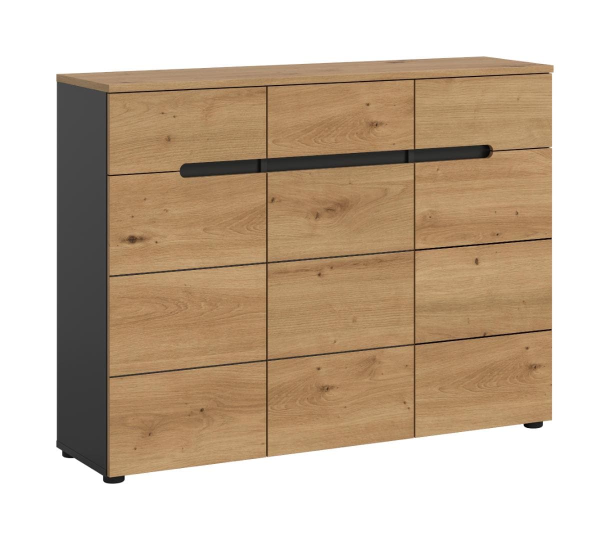 Canu Schuhschrank 3 Türen, 3 Schubladen Eiche Dekor, grau.