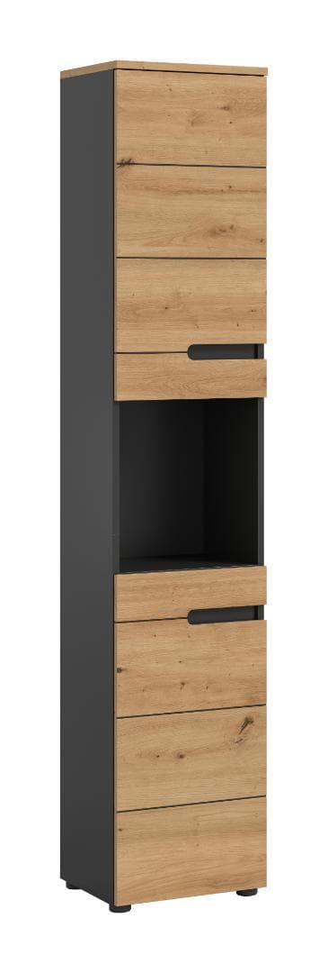 Canu Hochschrank Bad 2 Türen, 1 Regal Eiche Dekor, grau.