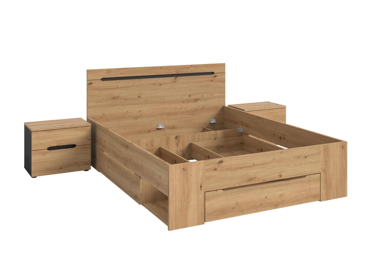 Canu Schlafzimmer-Set Bett 140x200 cm 3 Schubladen, 2 Nachttische grau, Eiche Dekor.